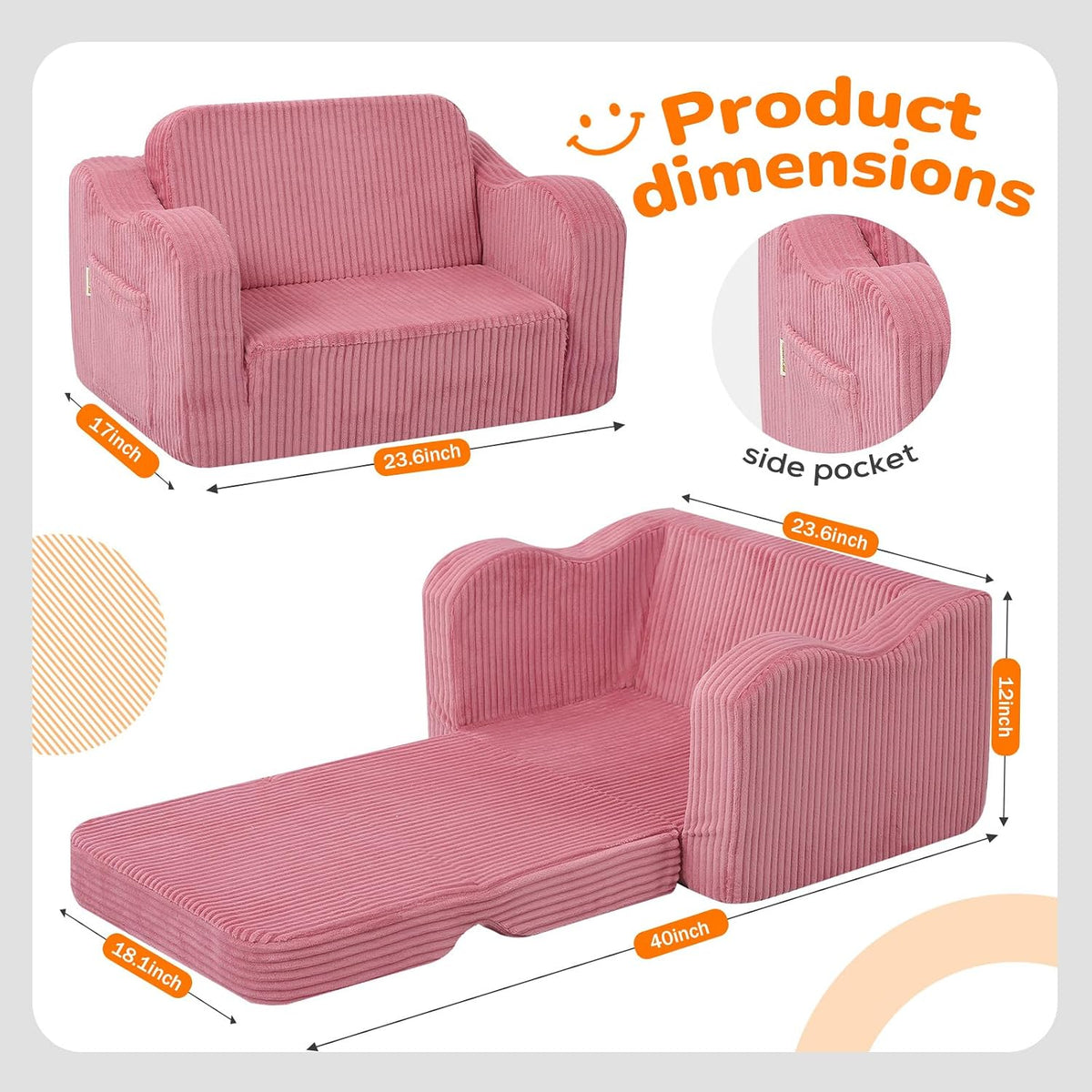 Kids Couch, Pink Corduroy 2-in-1 Fold Out Sofa Chair for Girls