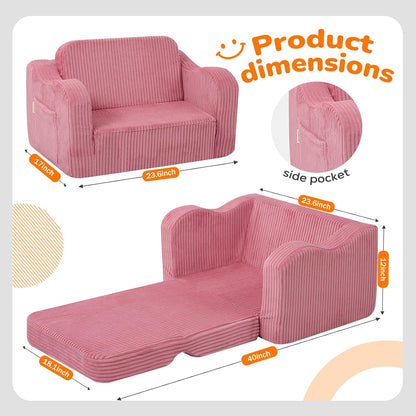 Kids Couch, Pink Corduroy 2-in-1 Fold Out Sofa Chair for Girls