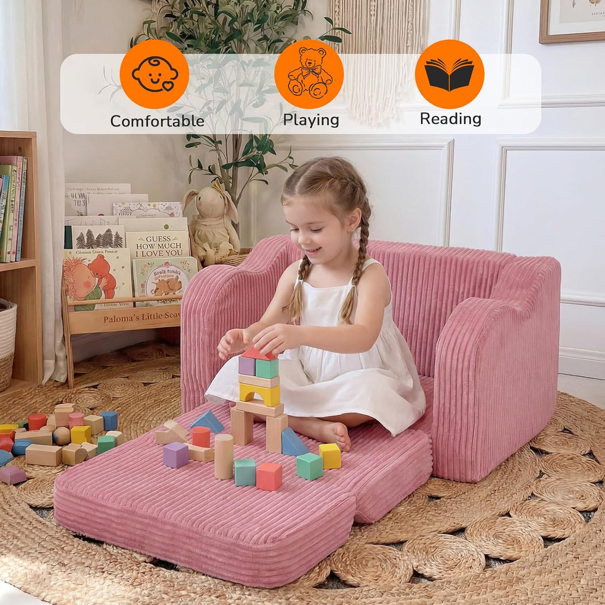 Kids Couch, Pink Corduroy 2-in-1 Fold Out Sofa Chair for Girls