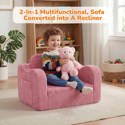 Kids Couch, Pink Corduroy 2-in-1 Fold Out Sofa Chair for Girls