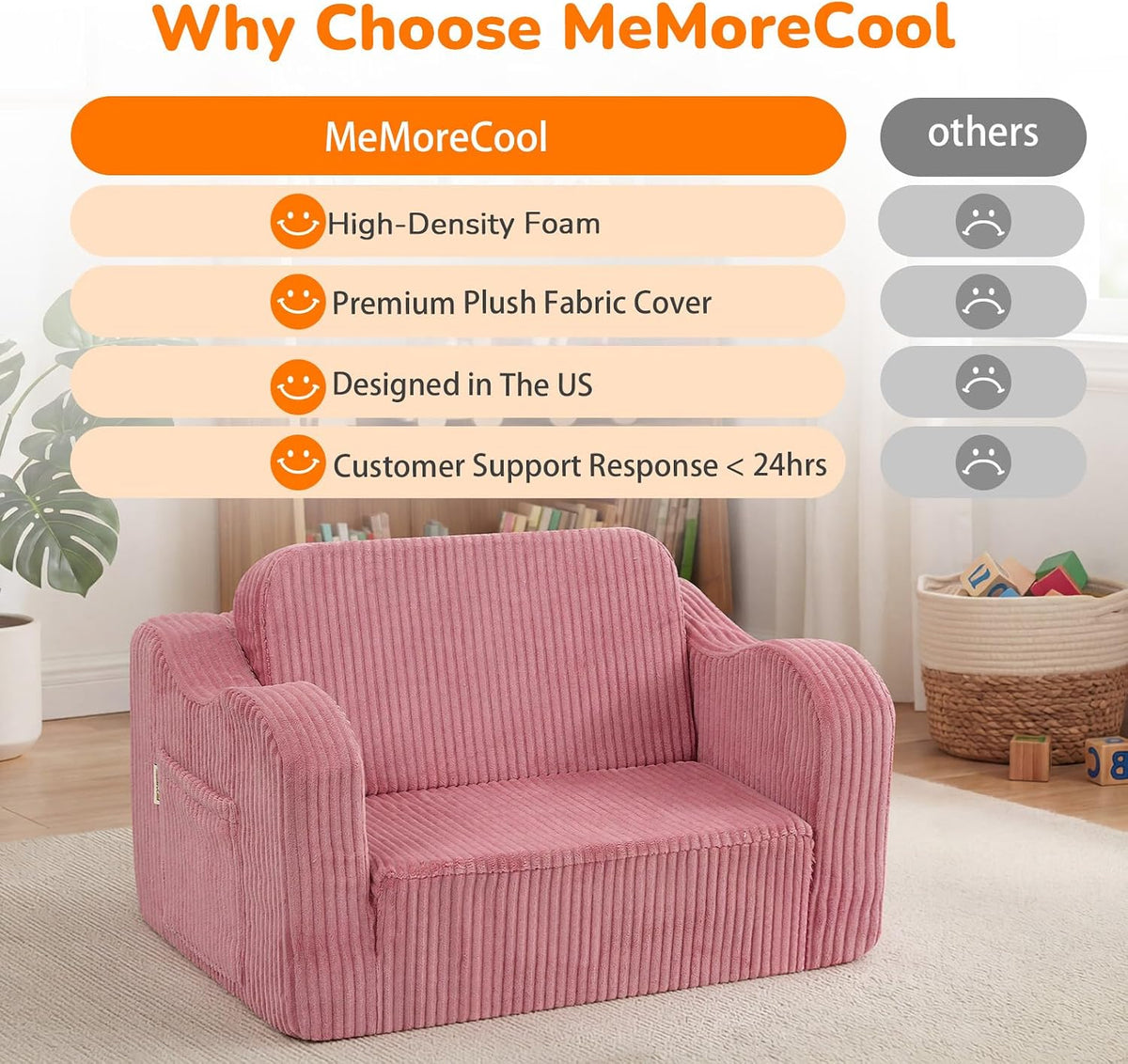 Kids Couch, Pink Corduroy 2-in-1 Fold Out Sofa Chair for Girls