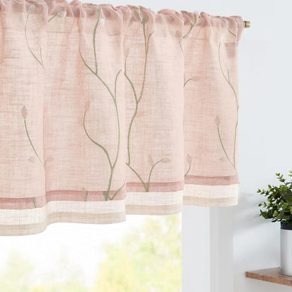Linen Kitchen Valance Sheer Leaf Embroidered 18 Inch 1 Panel Pink