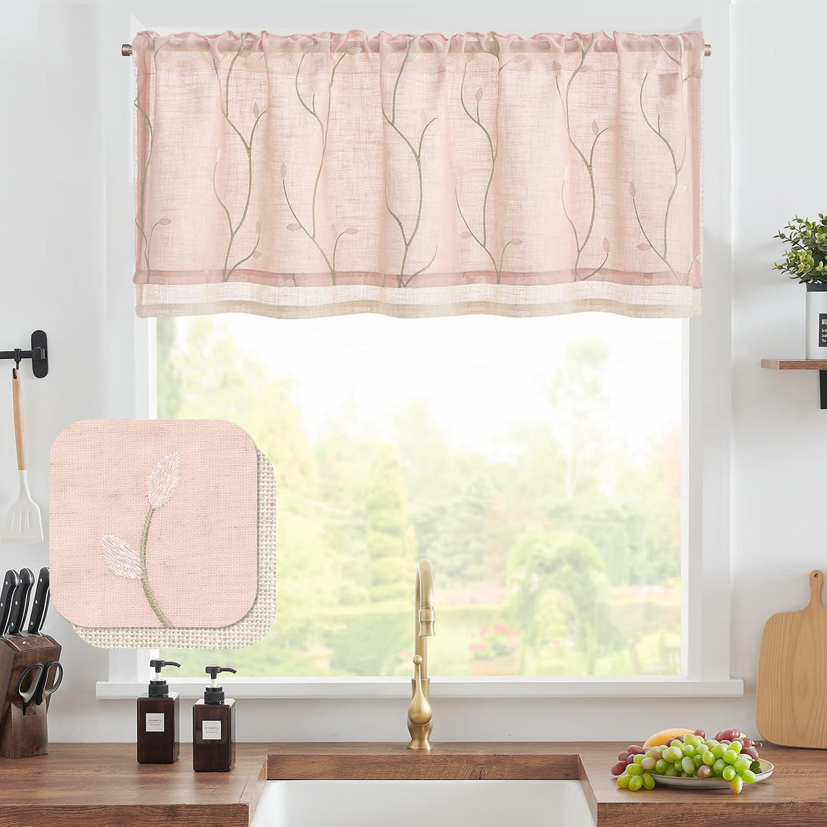 Linen Kitchen Valance Sheer Leaf Embroidered 18 Inch 1 Panel Pink