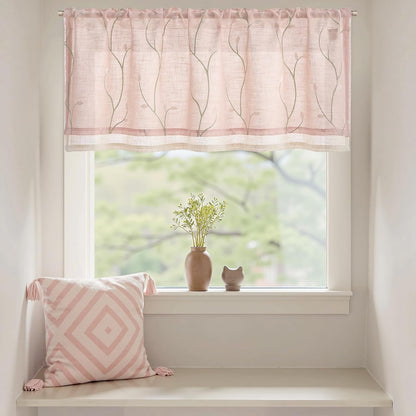 Linen Kitchen Valance Sheer Leaf Embroidered 18 Inch 1 Panel Pink