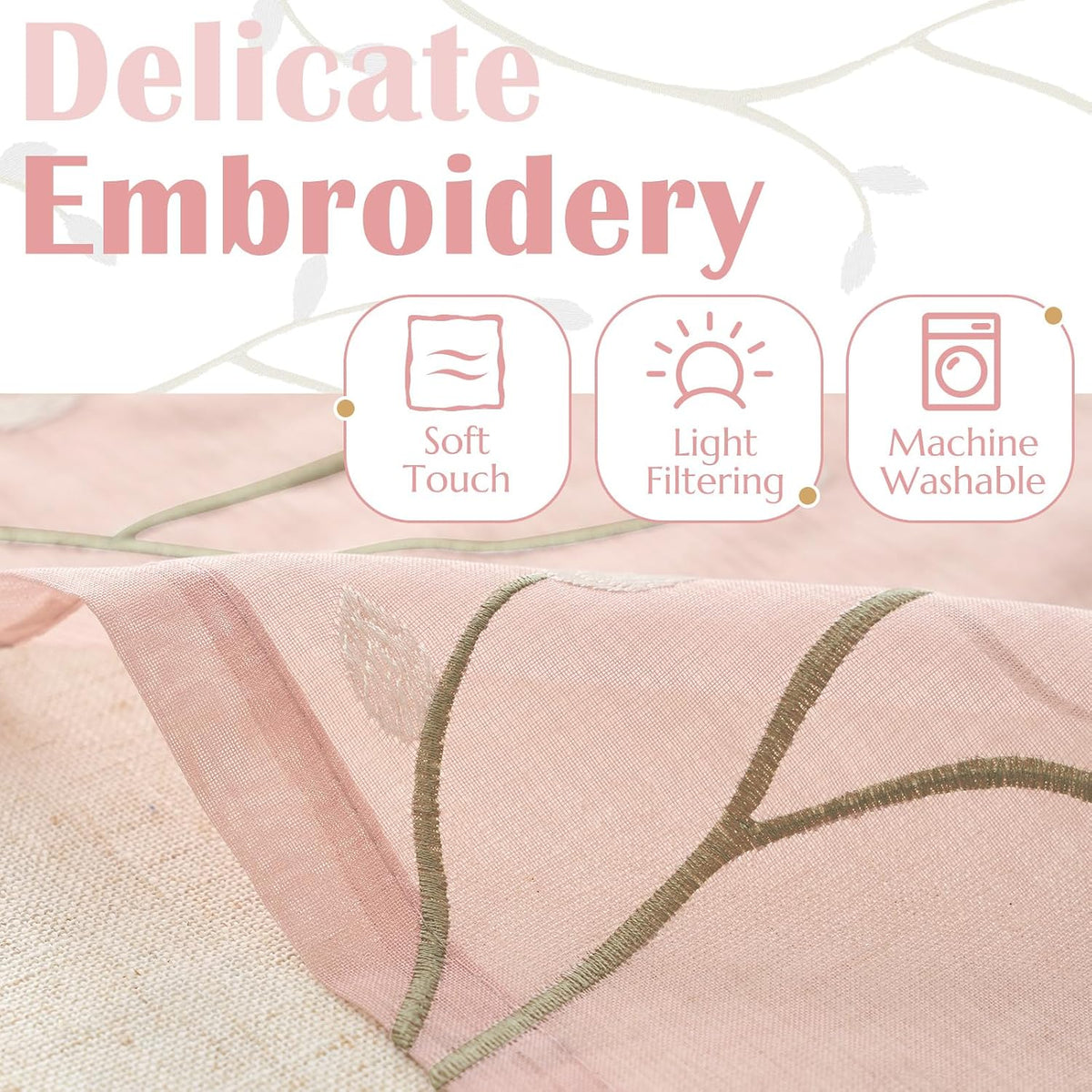 Linen Kitchen Valance Sheer Leaf Embroidered 18 Inch 1 Panel Pink