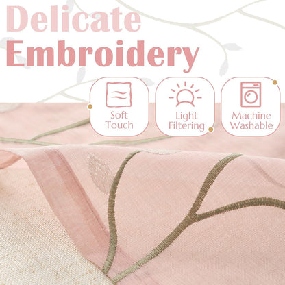 Linen Kitchen Valance Sheer Leaf Embroidered 18 Inch 1 Panel Pink