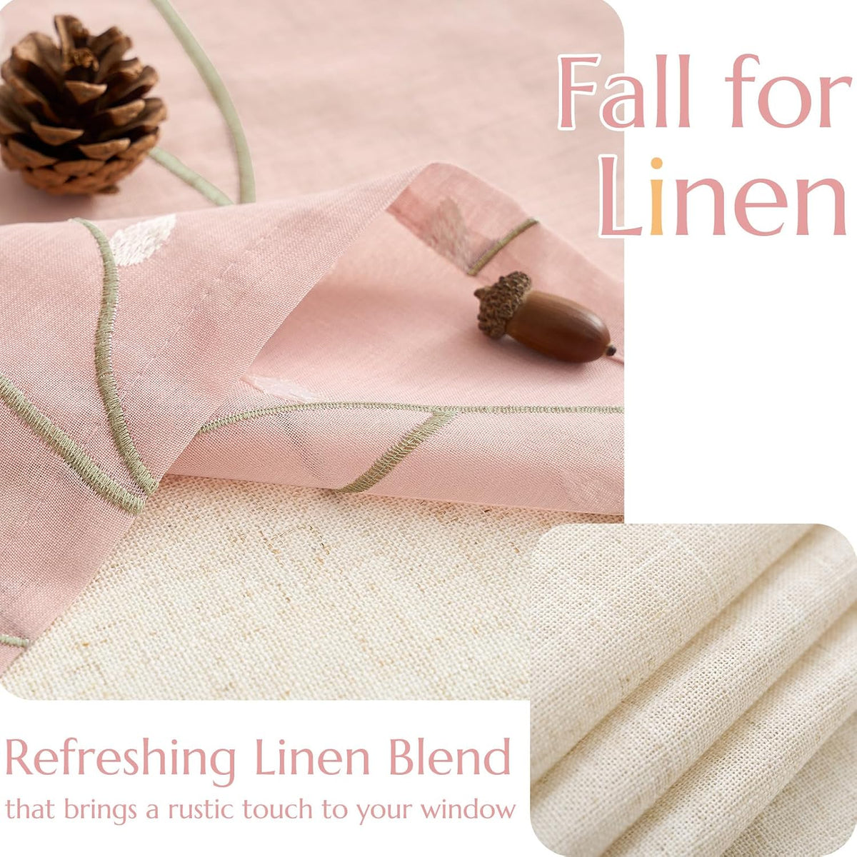 Linen Kitchen Valance Sheer Leaf Embroidered 18 Inch 1 Panel Pink