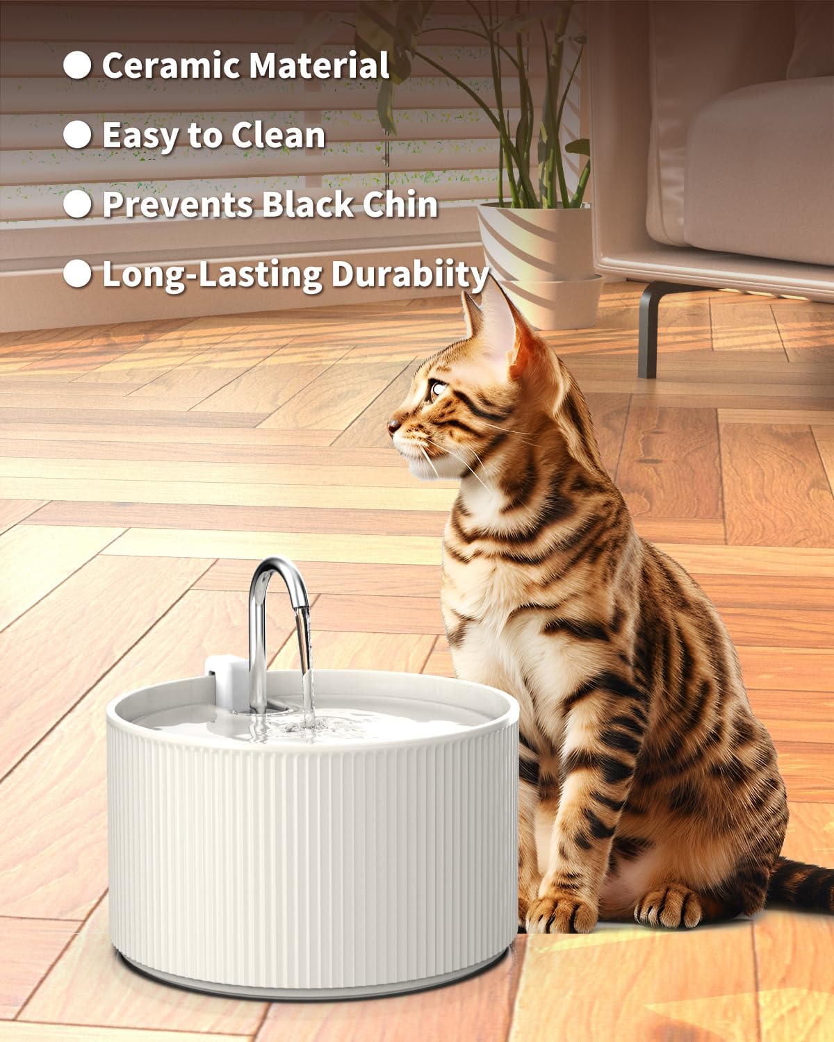 Ceramic Cat Water Fountain, 2.2L/74oz Automatic Pet Water Fountain, Cat Dispenser Ideal for Cats, Dogs and Multiple Pets