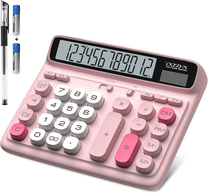 Desktop Calculator with Extra Large 5-Inch LCD Display, 12-Digit Two Way Power Solar & Battery Office Calculator with Big Buttons for Business, Accounting & Home Use(Pink)
