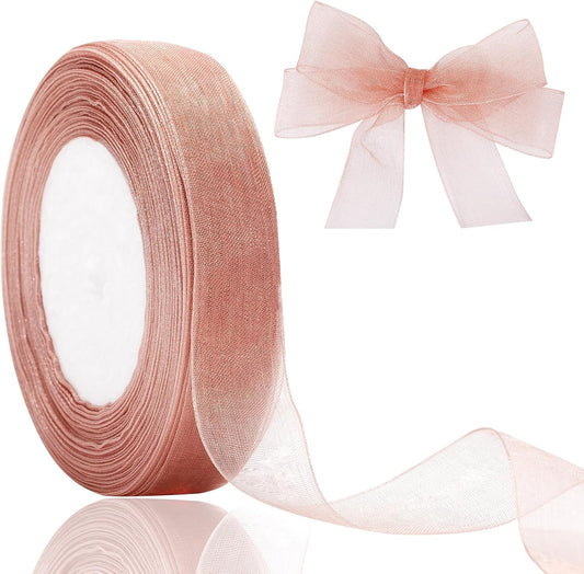 3/4 inch Rose Gold Sheer Organza Ribbon, 50Yds Chiffon Ribbon, Flower Bouquet Tulle Ribbon, Gift Wrapping Ribbons for Wedding, Baby Shower, Birthday, Holidays, Anniversary Decorations Crafts