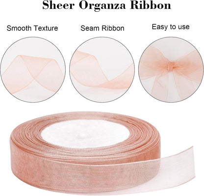 3/4 inch Rose Gold Sheer Organza Ribbon, 50Yds Chiffon Ribbon, Flower Bouquet Tulle Ribbon, Gift Wrapping Ribbons for Wedding, Baby Shower, Birthday, Holidays, Anniversary Decorations Crafts