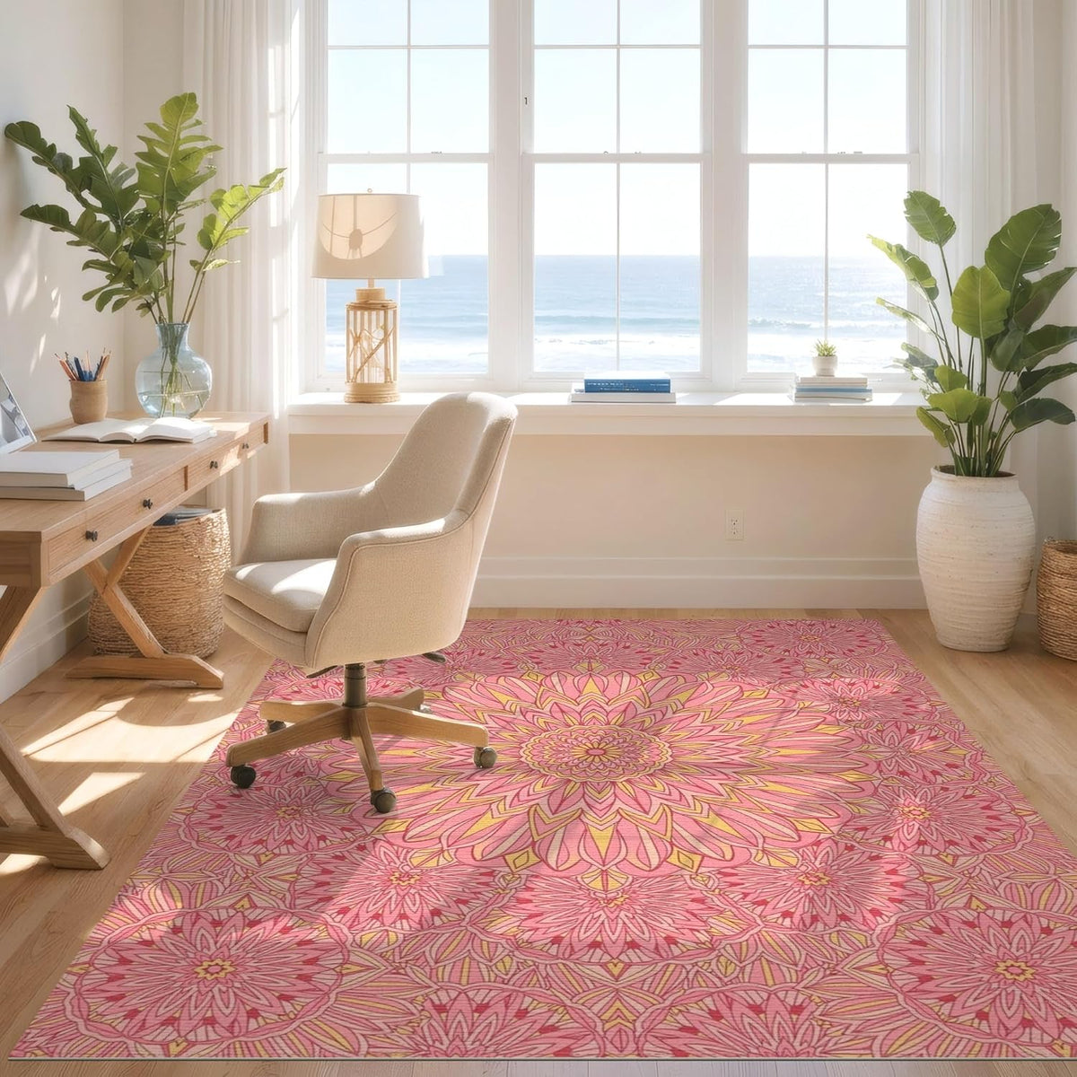 4'x6' Machine Wash Ready Vintage Floral Area Rug, Peach for Home Office, Gaming Room, Under Desk, Chair-Friendly & Snag-Free Skid-Resistant Medium Carpet | 2116993