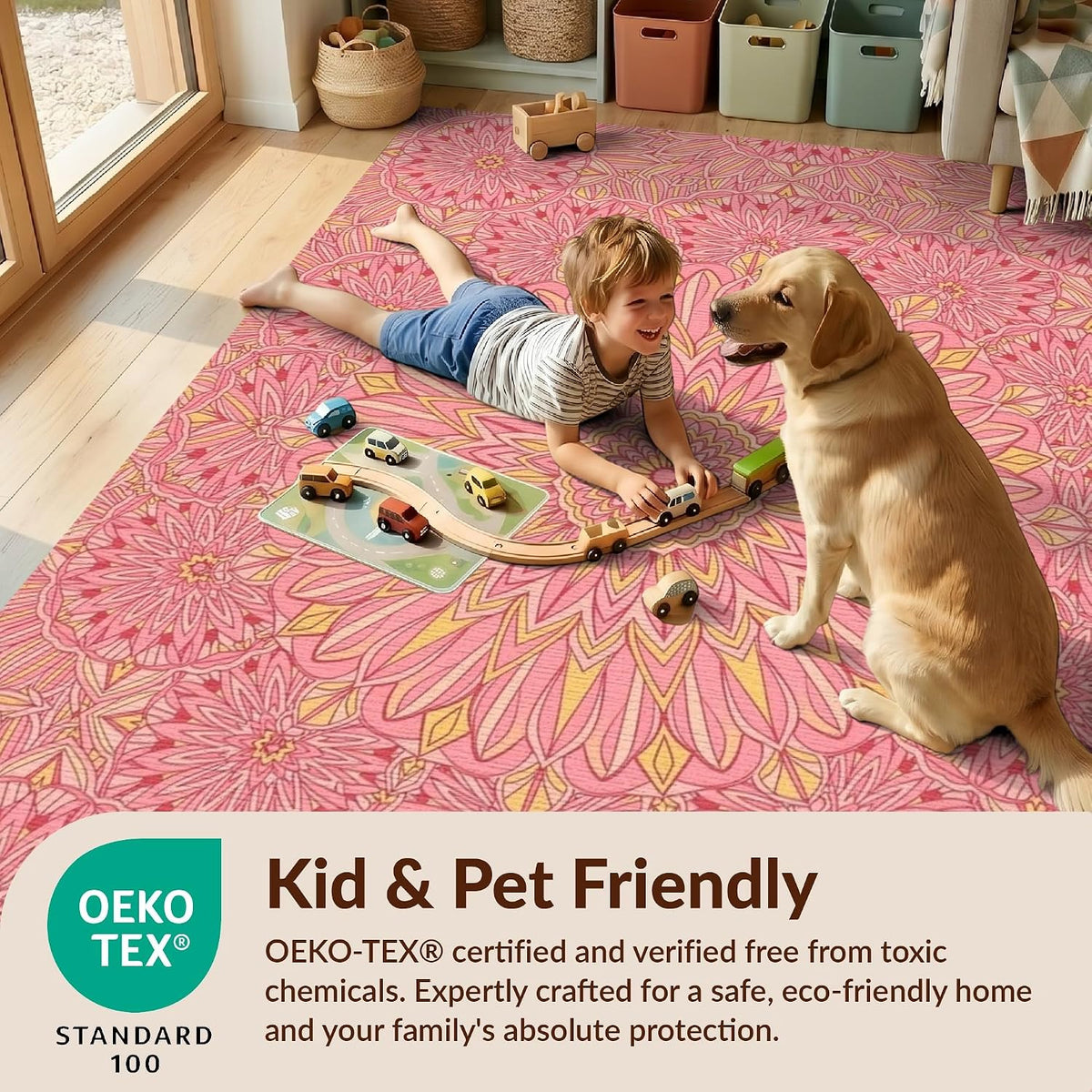 4'x6' Machine Wash Ready Vintage Floral Area Rug, Peach for Home Office, Gaming Room, Under Desk, Chair-Friendly & Snag-Free Skid-Resistant Medium Carpet | 2116993