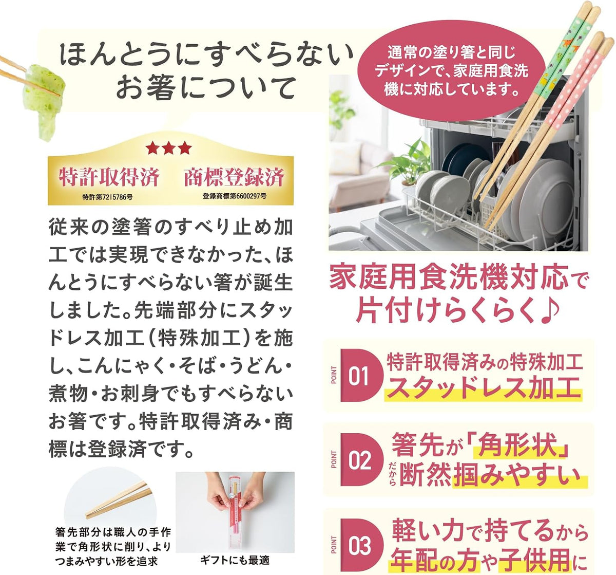 Truly Non-Slip Reusable Chopsticks Patented Easy Grip and Lift Design Dishwasher Safe Durable Wooden Made in Japan FUJIEI (Check Pink)