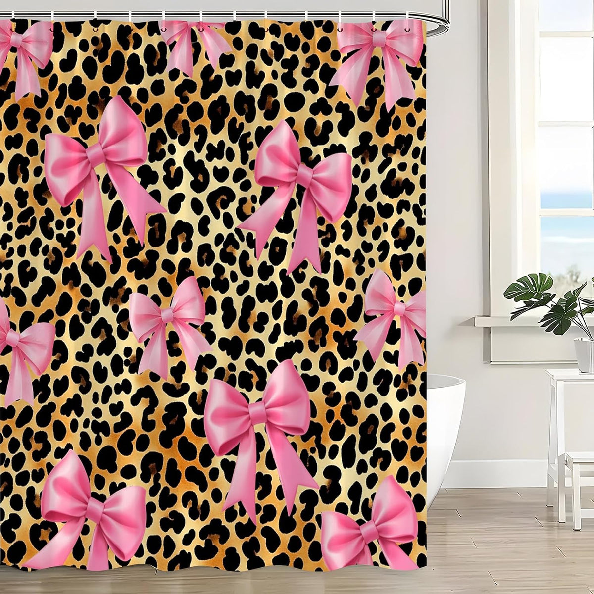 Leopard Print Shower Curtain Retro Pink Bow Brown 70" WX70 H