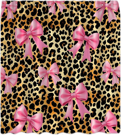 Leopard Print Shower Curtain Retro Pink Bow Brown 70" WX70 H