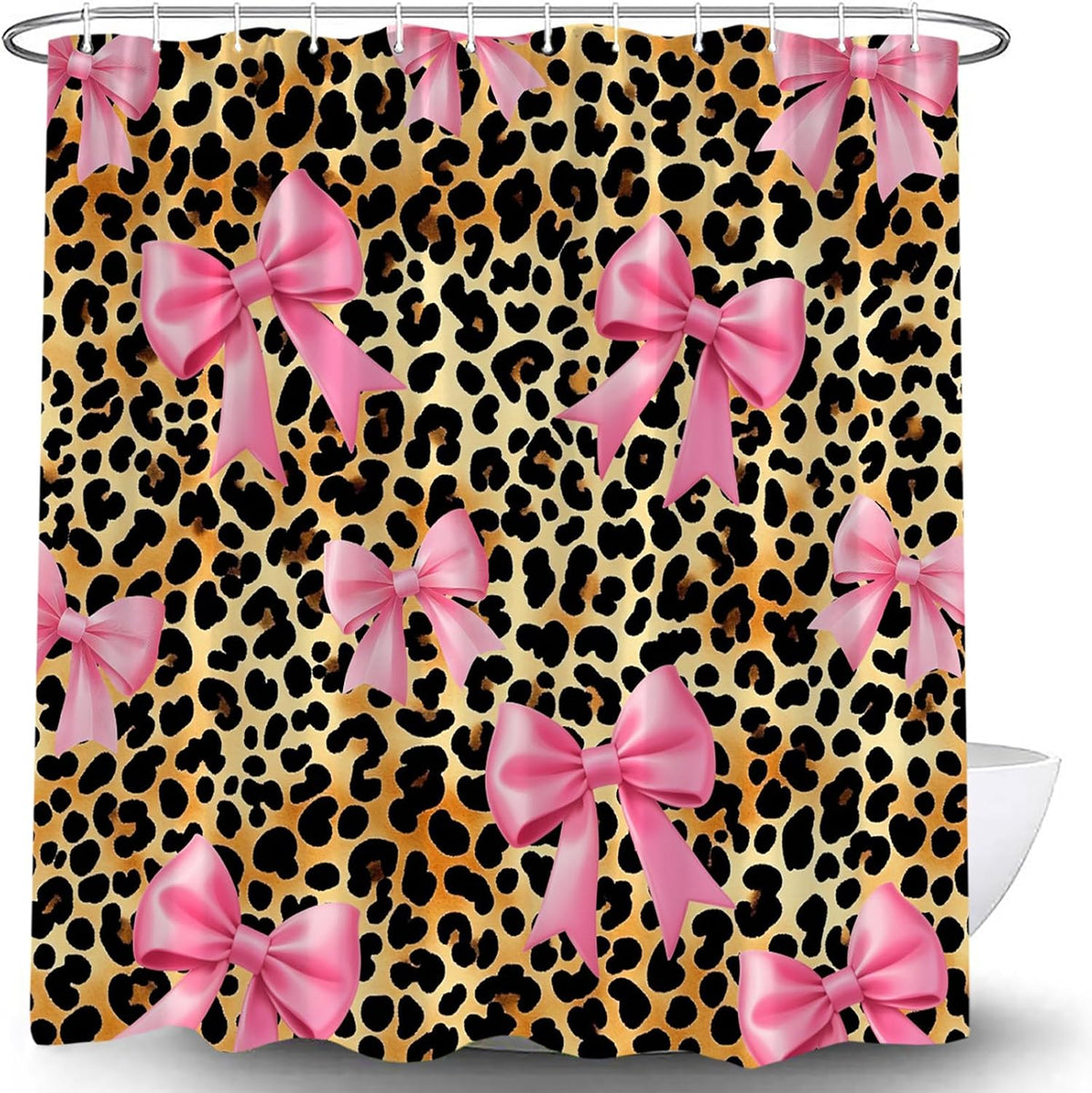 Leopard Print Shower Curtain Retro Pink Bow Brown 70" WX70 H