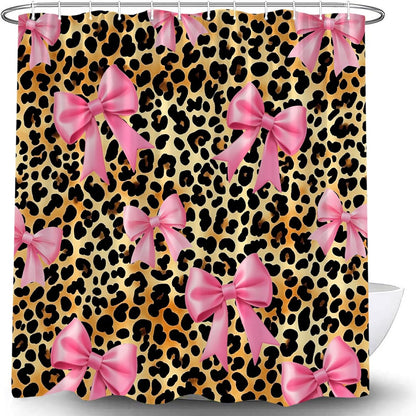 Leopard Print Shower Curtain Retro Pink Bow Brown 70" WX70 H