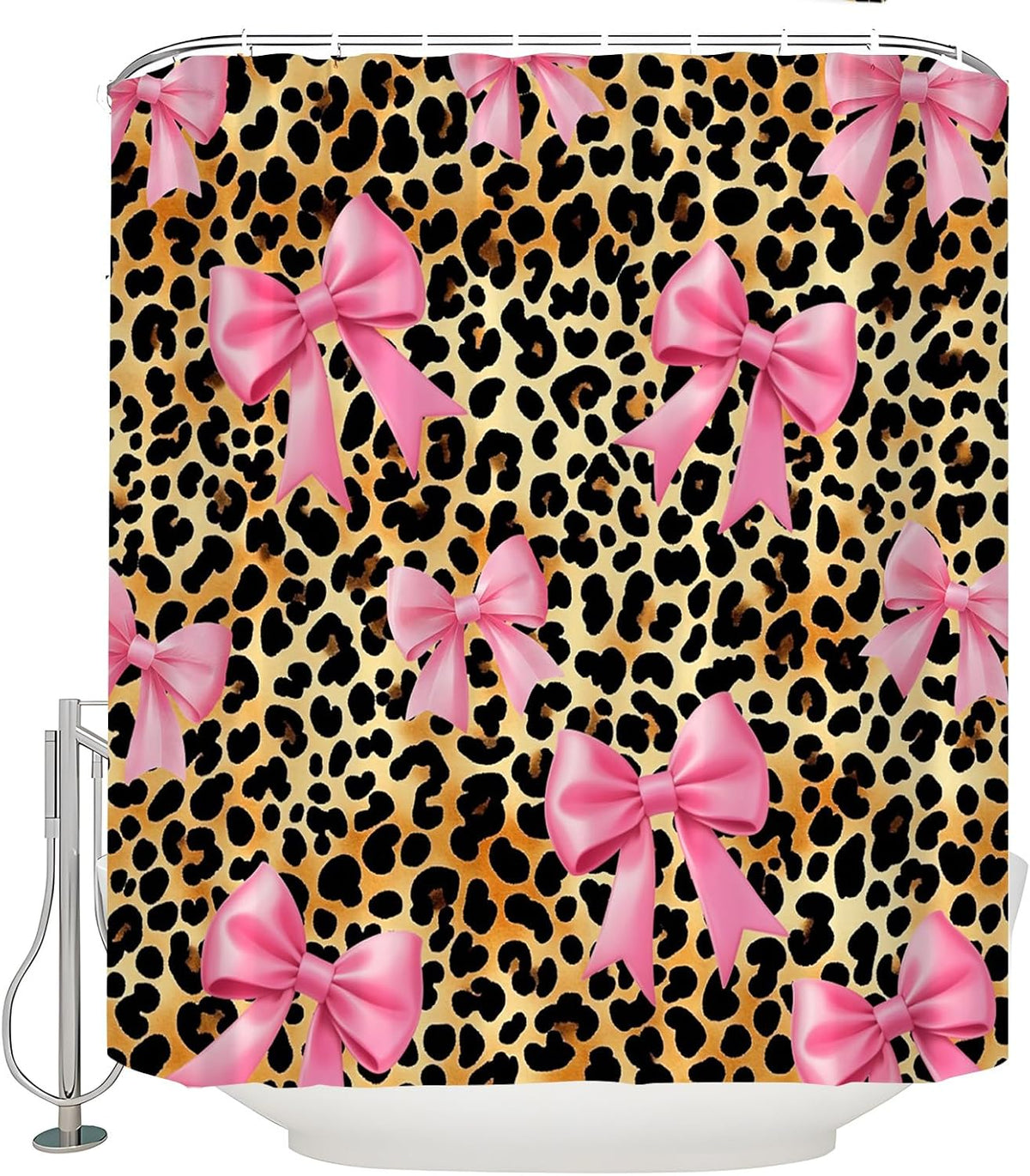 Leopard Print Shower Curtain Retro Pink Bow Brown 70" WX70 H