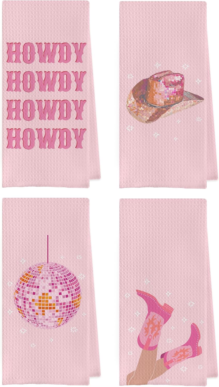 Pink Cowgirl Kitchen Towels Set - Pink Western Cowgirl Dish Towels, Western Kitchen Bathroom Decor, Preppy Y2k Howdy Disco Ball Hand Tea Towels (16×24 Inches Set of 4)