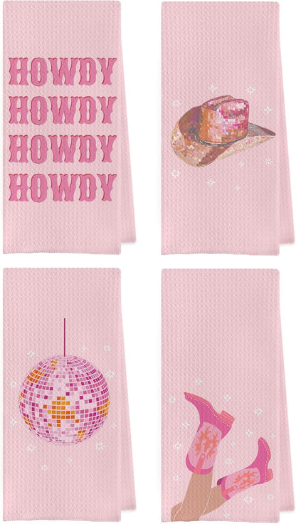 Pink Cowgirl Kitchen Towels Set - Pink Western Cowgirl Dish Towels, Western Kitchen Bathroom Decor, Preppy Y2k Howdy Disco Ball Hand Tea Towels (16×24 Inches Set of 4)