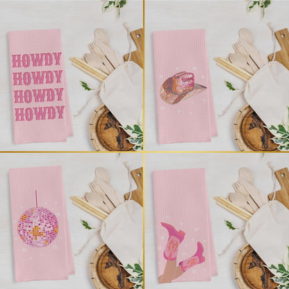 Pink Cowgirl Kitchen Towels Set - Pink Western Cowgirl Dish Towels, Western Kitchen Bathroom Decor, Preppy Y2k Howdy Disco Ball Hand Tea Towels (16×24 Inches Set of 4)