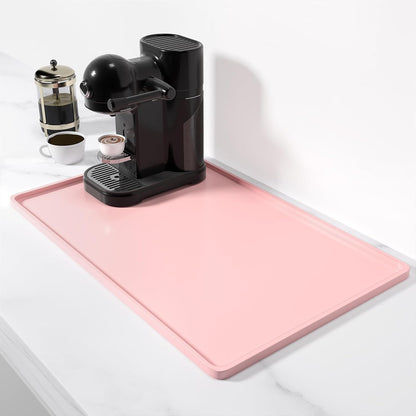 Silicone Coffee Mat, 12" x 19" Waterproof Raised Edge Coffee Bar Mats for Espresso Machine Station Accessories, Heat Resistant Dish Drying Pad for Kitchen Counter, Rubber Bar Decor Pad, Pink