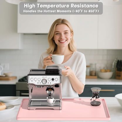 Silicone Coffee Mat, 12" x 19" Waterproof Raised Edge Coffee Bar Mats for Espresso Machine Station Accessories, Heat Resistant Dish Drying Pad for Kitchen Counter, Rubber Bar Decor Pad, Pink