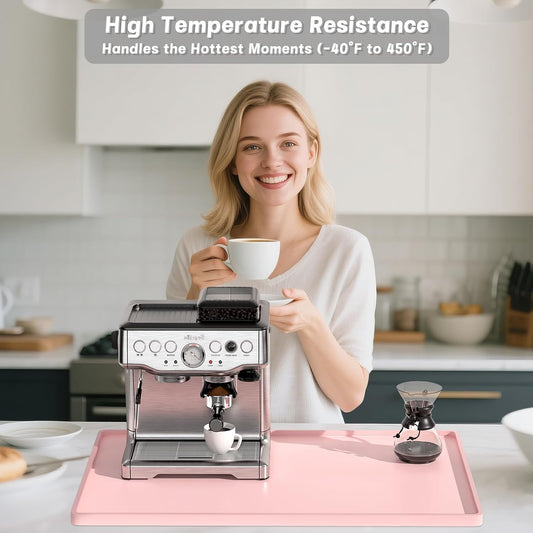 Silicone Coffee Mat, 12" x 19" Waterproof Raised Edge Coffee Bar Mats for Espresso Machine Station Accessories, Heat Resistant Dish Drying Pad for Kitchen Counter, Rubber Bar Decor Pad, Pink