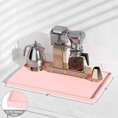 Silicone Coffee Mat, 12" x 19" Waterproof Raised Edge Coffee Bar Mats for Espresso Machine Station Accessories, Heat Resistant Dish Drying Pad for Kitchen Counter, Rubber Bar Decor Pad, Pink