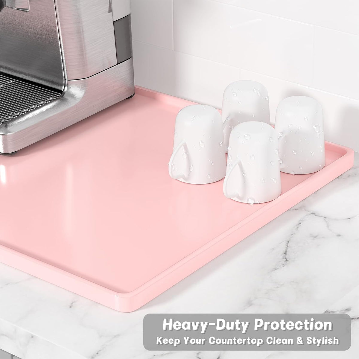 Silicone Coffee Mat, 12" x 19" Waterproof Raised Edge Coffee Bar Mats for Espresso Machine Station Accessories, Heat Resistant Dish Drying Pad for Kitchen Counter, Rubber Bar Decor Pad, Pink