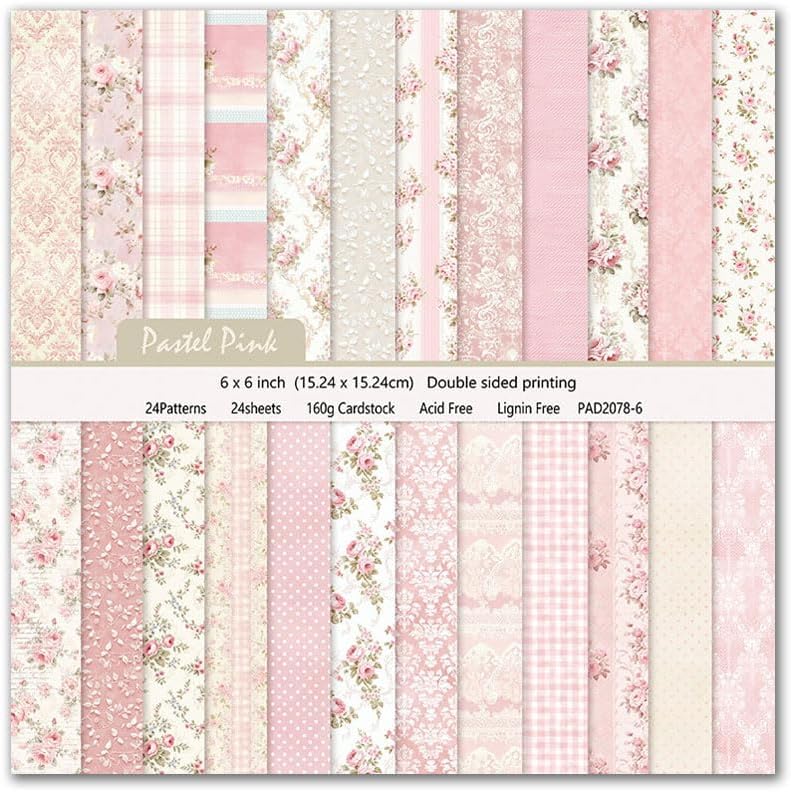Scrapbook Paper & Scrapbooking Supplies, Pink 6x6 Double-Sided Patterned Cardstock Pad, Shabby Chic Craft Sheets for Junk Journaling, Card Making & Scrap Book, 24 Sheets