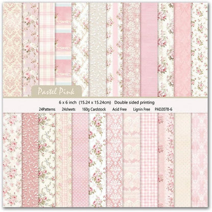 Scrapbook Paper & Scrapbooking Supplies, Pink 6x6 Double-Sided Patterned Cardstock Pad, Shabby Chic Craft Sheets for Junk Journaling, Card Making & Scrap Book, 24 Sheets