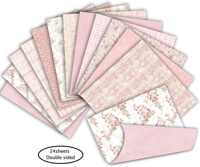 Scrapbook Paper & Scrapbooking Supplies, Pink 6x6 Double-Sided Patterned Cardstock Pad, Shabby Chic Craft Sheets for Junk Journaling, Card Making & Scrap Book, 24 Sheets