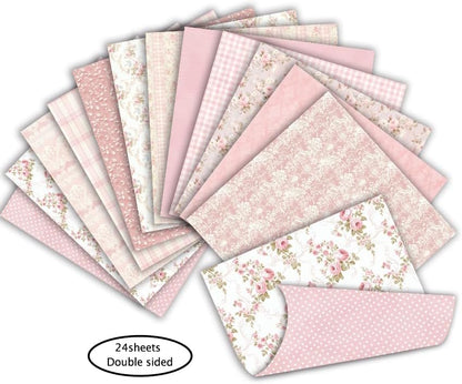 Scrapbook Paper & Scrapbooking Supplies, Pink 6x6 Double-Sided Patterned Cardstock Pad, Shabby Chic Craft Sheets for Junk Journaling, Card Making & Scrap Book, 24 Sheets