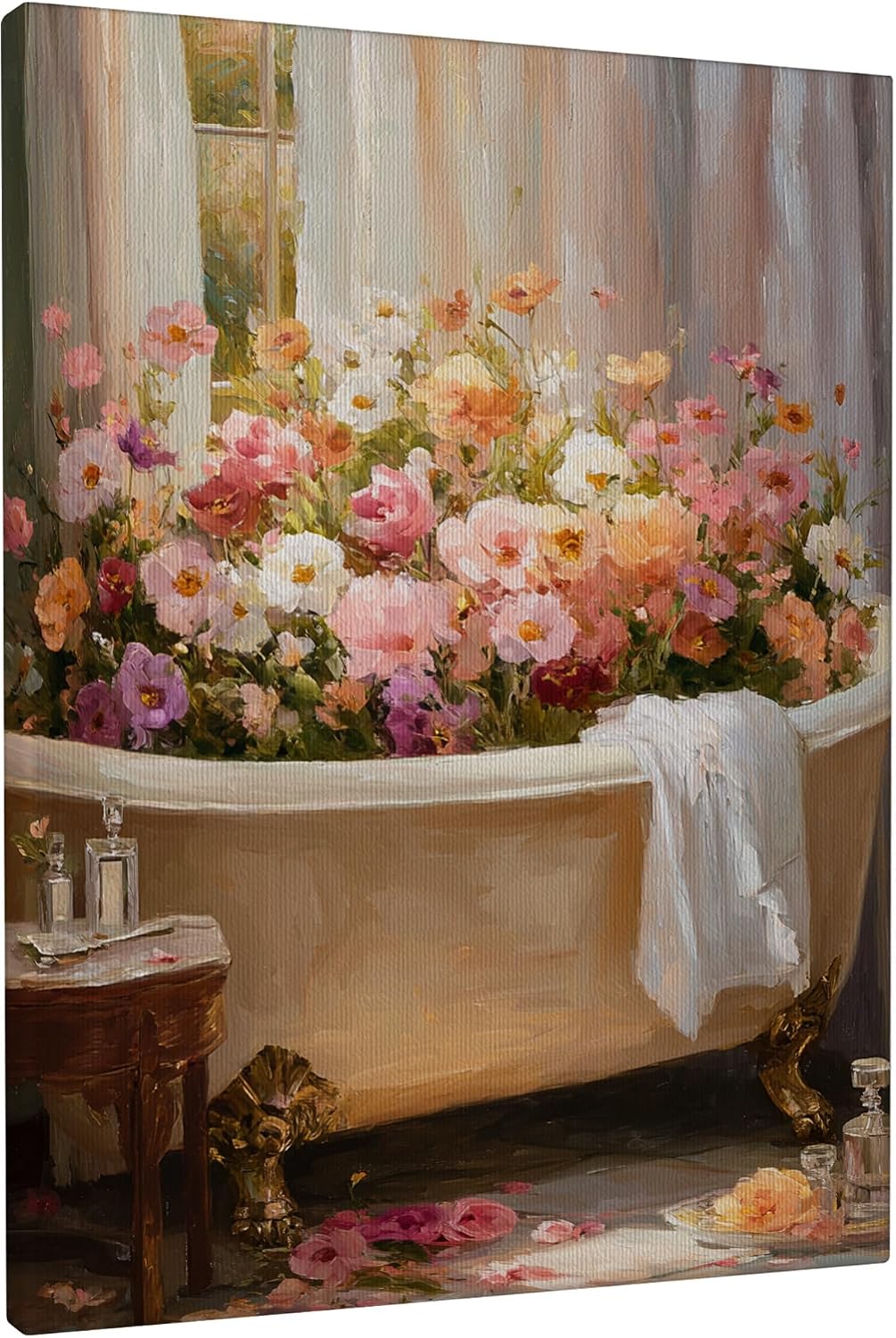 Floral Bath Canvas Wall Art, Peach White Spring Flowers Poster Prints, Elegant Abstract Bathroom Home Decor for Living Room, Bedroom, Spa, Wrapped Canvas 16x20 Inch