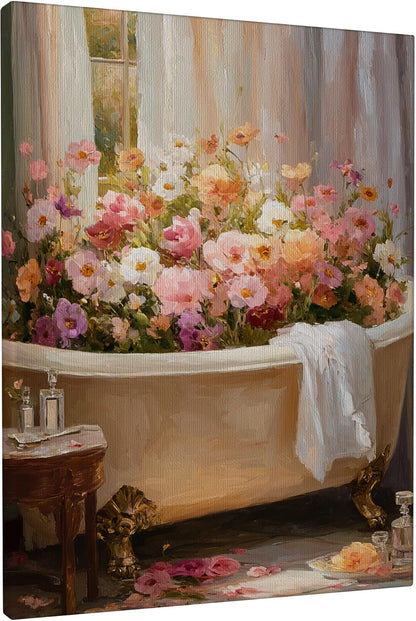 Floral Bath Canvas Wall Art, Peach White Spring Flowers Poster Prints, Elegant Abstract Bathroom Home Decor for Living Room, Bedroom, Spa, Wrapped Canvas 16x20 Inch