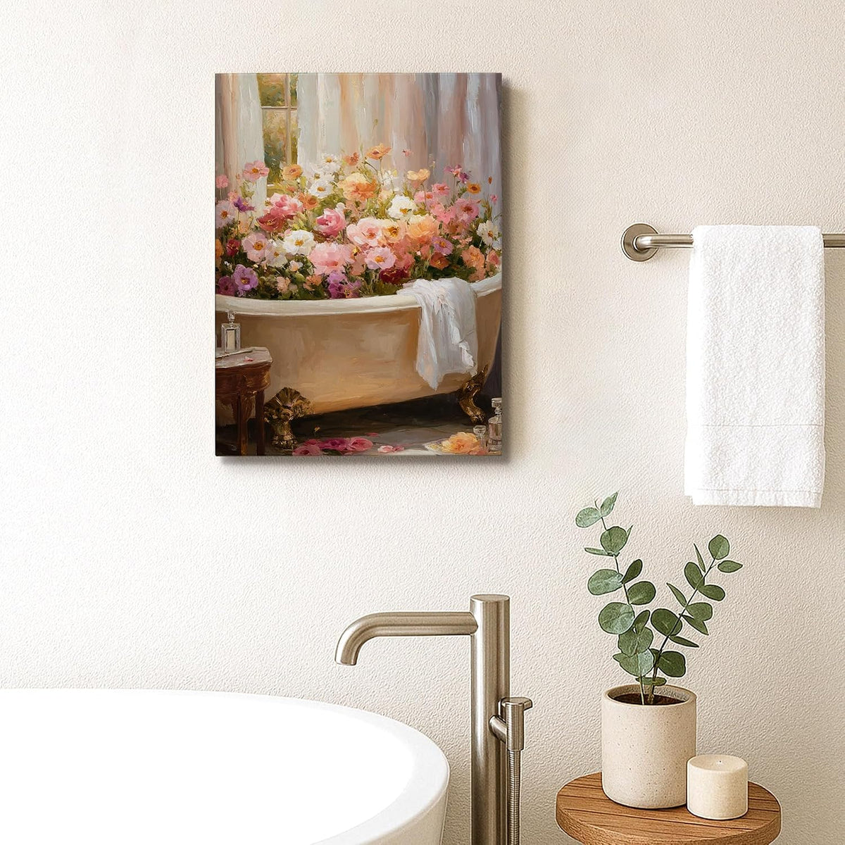 Floral Bath Canvas Wall Art, Peach White Spring Flowers Poster Prints, Elegant Abstract Bathroom Home Decor for Living Room, Bedroom, Spa, Wrapped Canvas 16x20 Inch