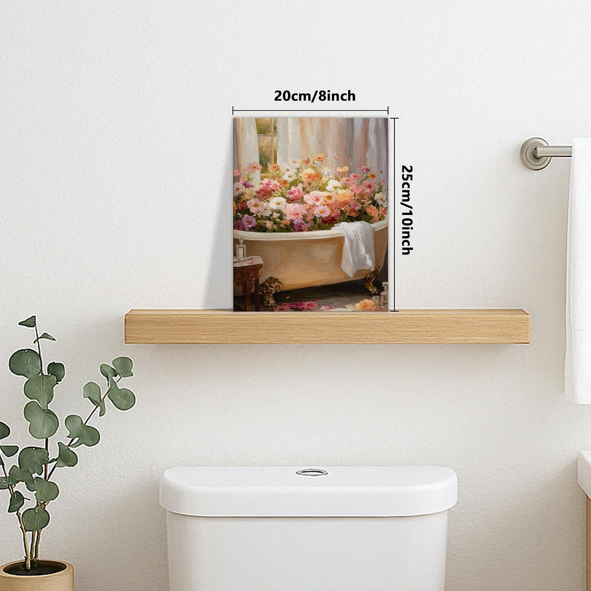 Floral Bath Canvas Wall Art, Peach White Spring Flowers Poster Prints, Elegant Abstract Bathroom Home Decor for Living Room, Bedroom, Spa, Wrapped Canvas 16x20 Inch