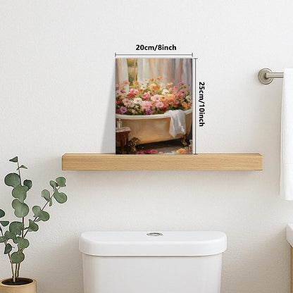 Floral Bath Canvas Wall Art, Peach White Spring Flowers Poster Prints, Elegant Abstract Bathroom Home Decor for Living Room, Bedroom, Spa, Wrapped Canvas 16x20 Inch