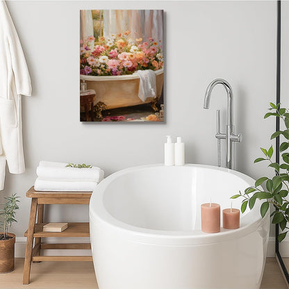 Floral Bath Canvas Wall Art, Peach White Spring Flowers Poster Prints, Elegant Abstract Bathroom Home Decor for Living Room, Bedroom, Spa, Wrapped Canvas 16x20 Inch
