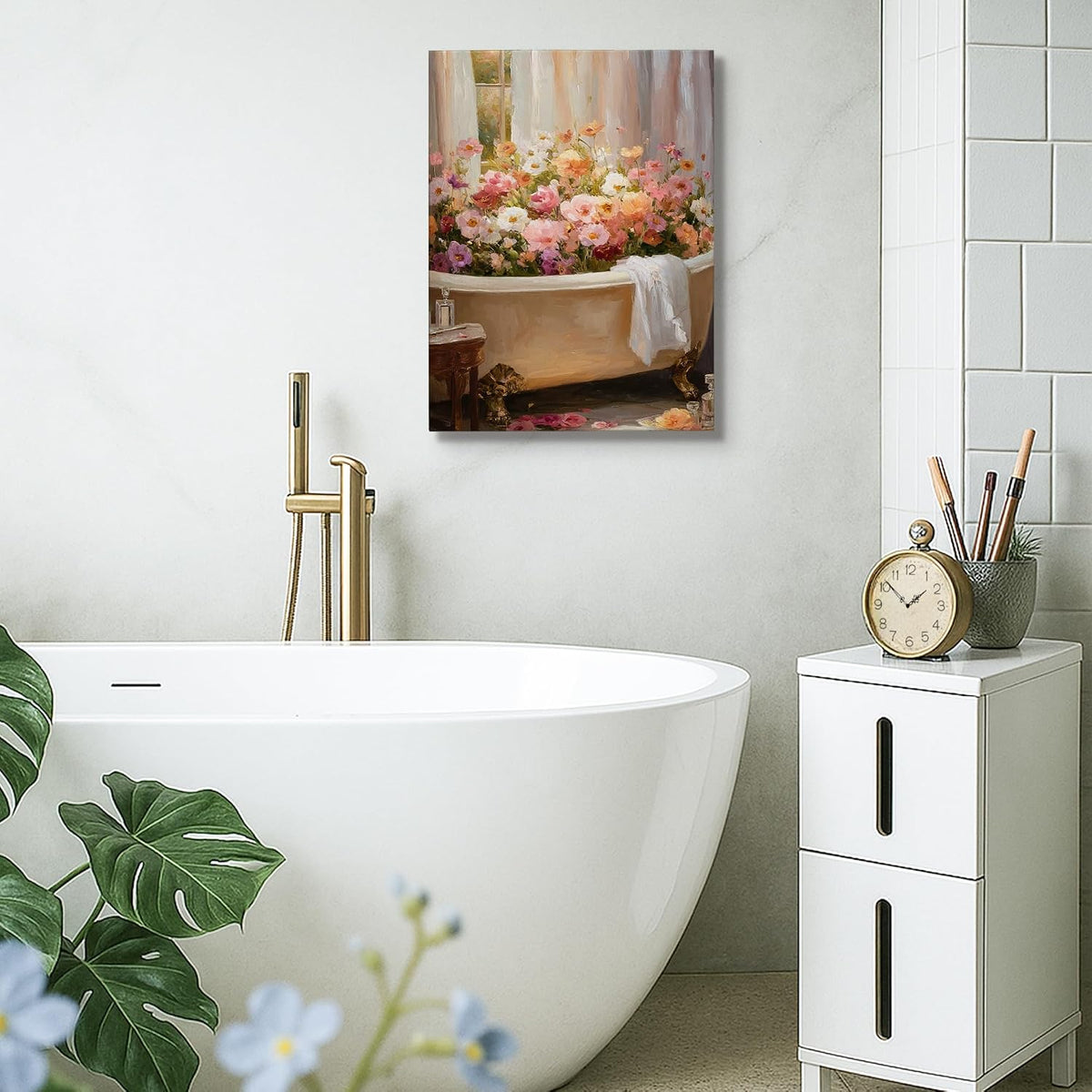 Floral Bath Canvas Wall Art, Peach White Spring Flowers Poster Prints, Elegant Abstract Bathroom Home Decor for Living Room, Bedroom, Spa, Wrapped Canvas 16x20 Inch