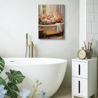Floral Bath Canvas Wall Art, Peach White Spring Flowers Poster Prints, Elegant Abstract Bathroom Home Decor for Living Room, Bedroom, Spa, Wrapped Canvas 16x20 Inch