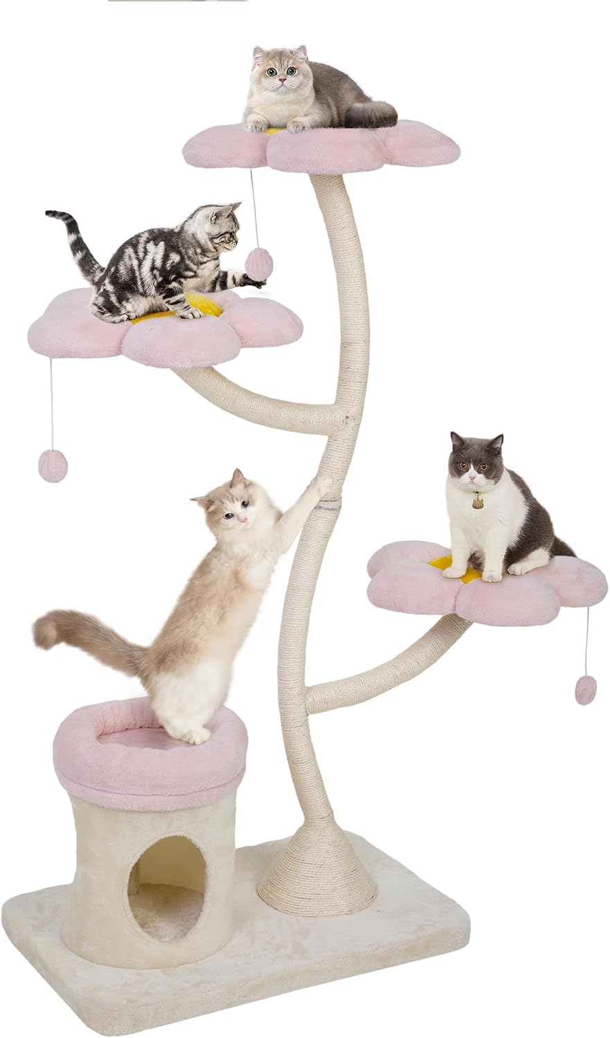 57" Heavy Duty Cat Tree for Large Cats, Aesthetic Pink Metal Tube Cat Tower with Large Condo & Flower Perches, Multi-Level Indoor Cat House with Scratching Post