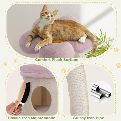 57" Heavy Duty Cat Tree for Large Cats, Aesthetic Pink Metal Tube Cat Tower with Large Condo & Flower Perches, Multi-Level Indoor Cat House with Scratching Post
