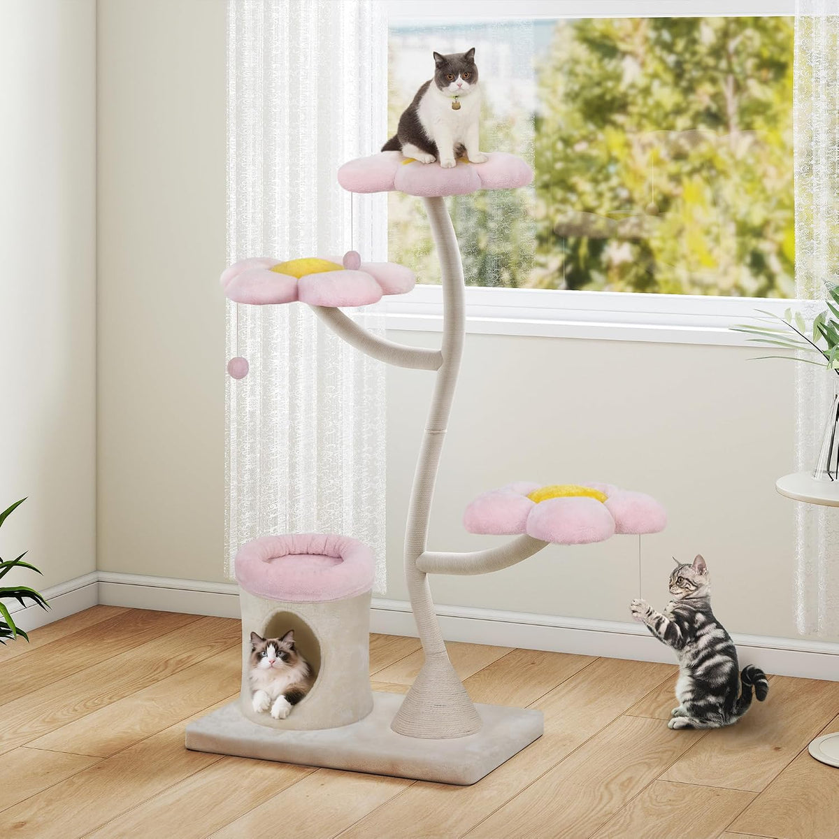 57" Heavy Duty Cat Tree for Large Cats, Aesthetic Pink Metal Tube Cat Tower with Large Condo & Flower Perches, Multi-Level Indoor Cat House with Scratching Post
