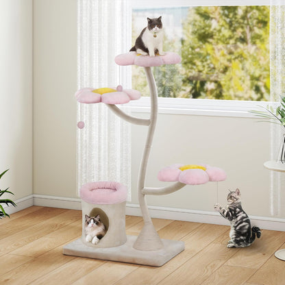 57" Heavy Duty Cat Tree for Large Cats, Aesthetic Pink Metal Tube Cat Tower with Large Condo & Flower Perches, Multi-Level Indoor Cat House with Scratching Post