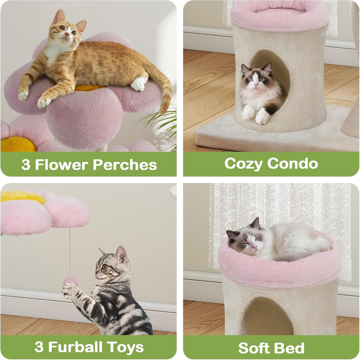 57" Heavy Duty Cat Tree for Large Cats, Aesthetic Pink Metal Tube Cat Tower with Large Condo & Flower Perches, Multi-Level Indoor Cat House with Scratching Post