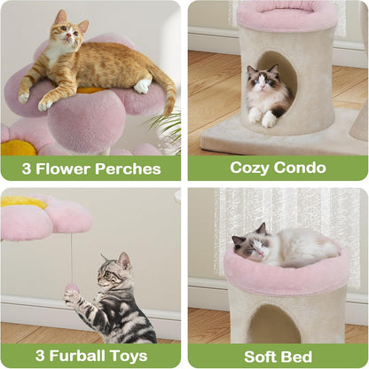 57" Heavy Duty Cat Tree for Large Cats, Aesthetic Pink Metal Tube Cat Tower with Large Condo & Flower Perches, Multi-Level Indoor Cat House with Scratching Post