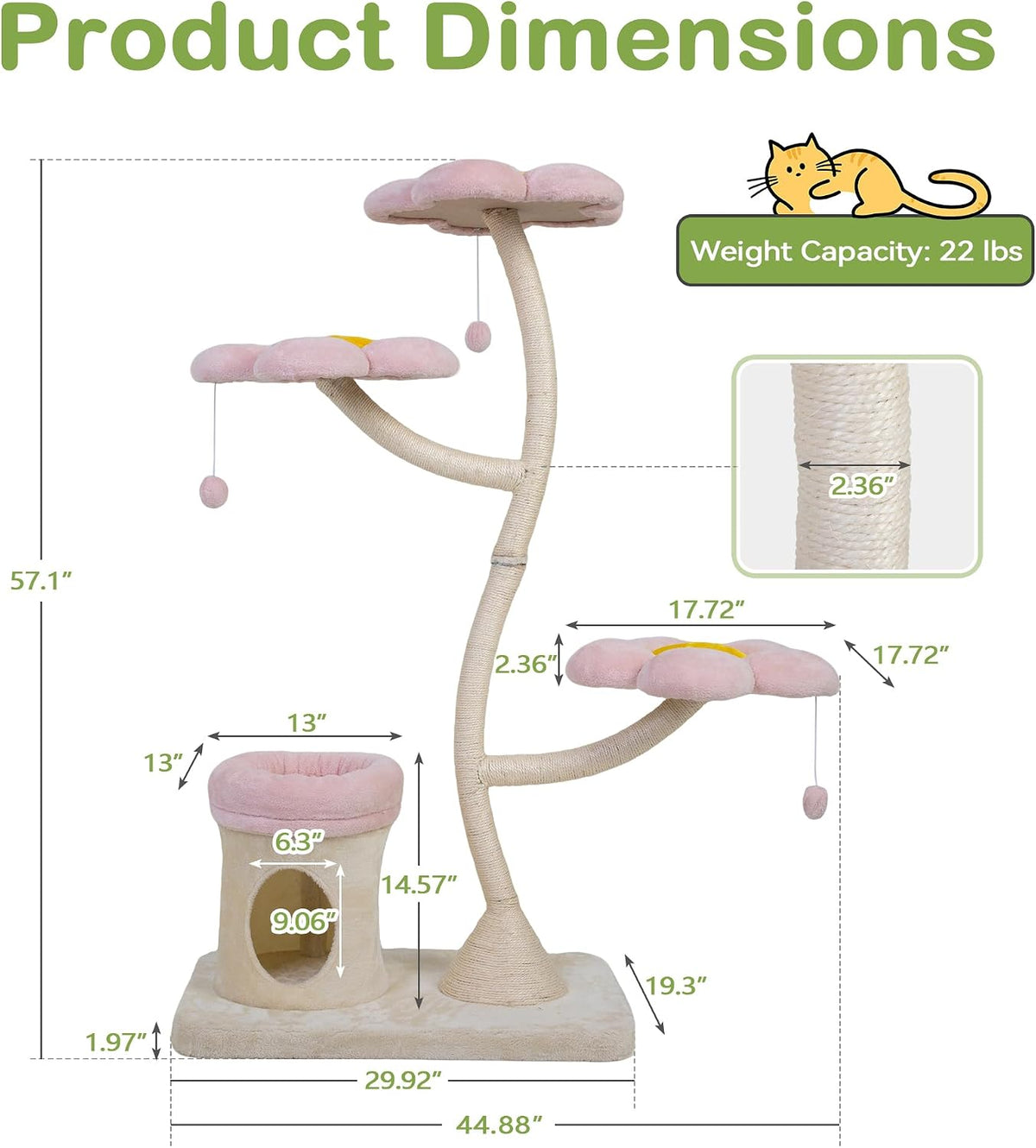 57" Heavy Duty Cat Tree for Large Cats, Aesthetic Pink Metal Tube Cat Tower with Large Condo & Flower Perches, Multi-Level Indoor Cat House with Scratching Post